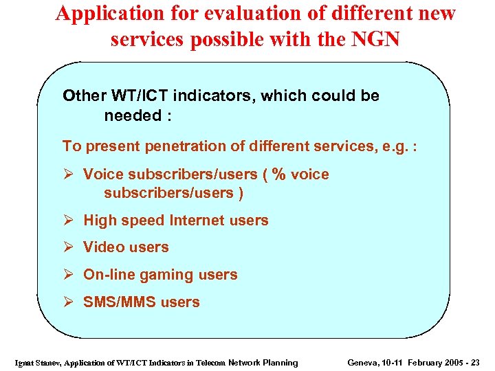 Application for evaluation of different new services possible with the NGN Other WT/ICT indicators,