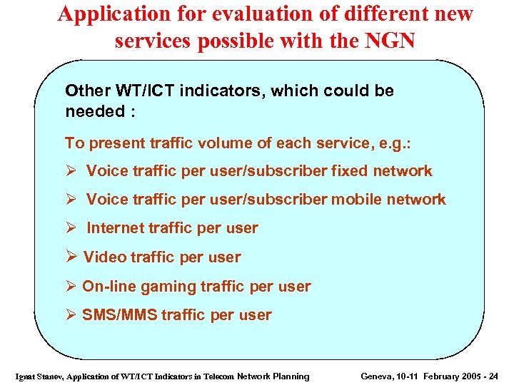 Application for evaluation of different new services possible with the NGN Other WT/ICT indicators,