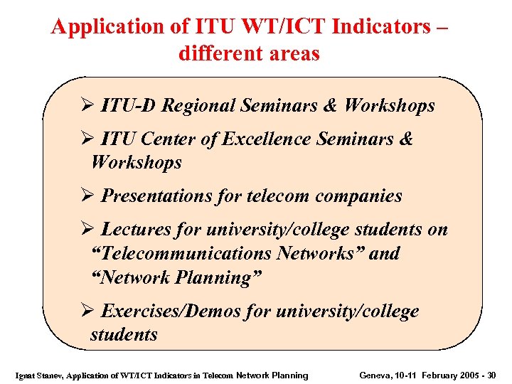 Application of ITU WT/ICT Indicators – different areas Ø ITU-D Regional Seminars & Workshops
