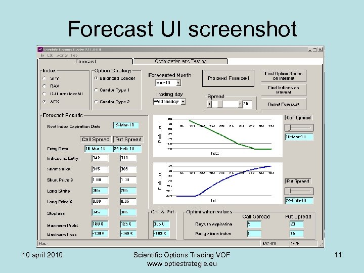 Forecast UI screenshot 10 april 2010 Scientific Options Trading VOF www. optiestrategie. eu 11