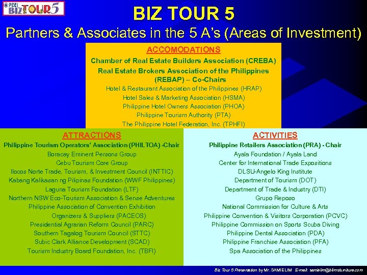 BIZ TOUR 5 Partners & Associates in the 5 A’s (Areas of Investment) ACCOMODATIONS