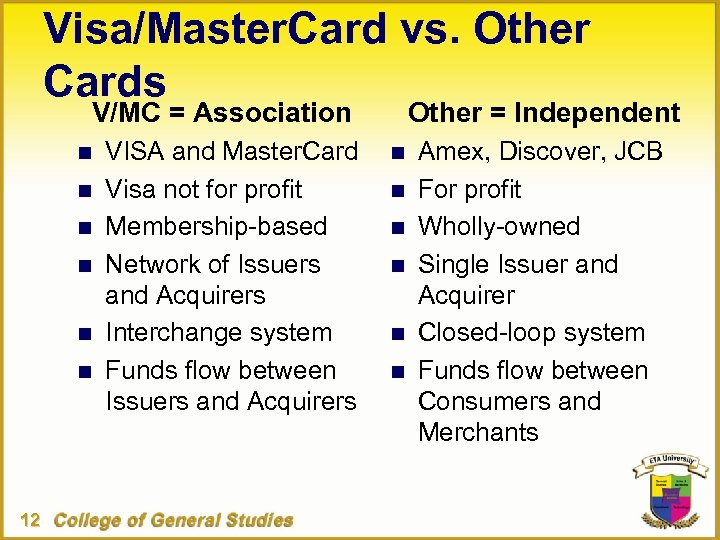 Visa/Master. Card vs. Other Cards V/MC = Association n n n 12 VISA and