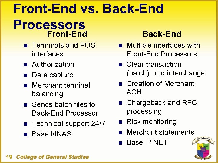 Front-End vs. Back-End Processors Front-End n n n n Terminals and POS interfaces Authorization