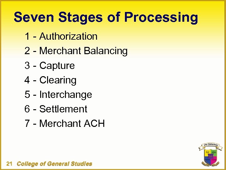 Seven Stages of Processing 1 - Authorization 2 - Merchant Balancing 3 - Capture