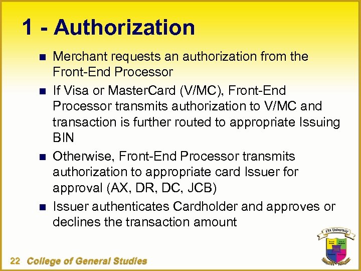1 - Authorization n n 22 Merchant requests an authorization from the Front-End Processor