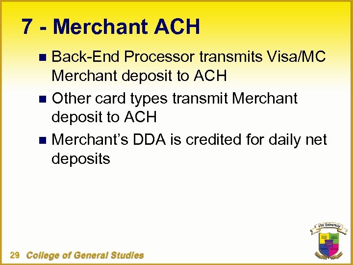 7 - Merchant ACH Back-End Processor transmits Visa/MC Merchant deposit to ACH n Other