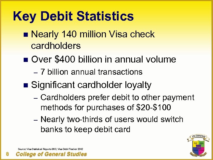 Key Debit Statistics Nearly 140 million Visa check cardholders n Over $400 billion in