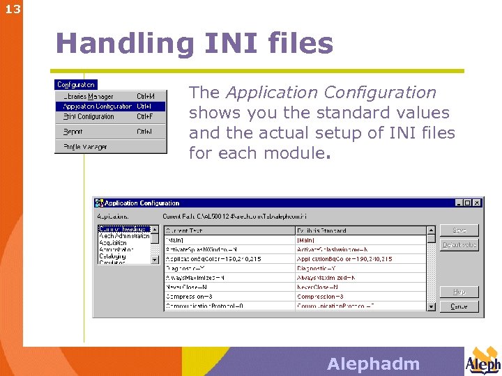 13 Handling INI files The Application Configuration shows you the standard values and the