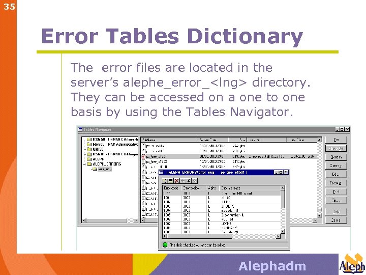 35 Error Tables Dictionary The error files are located in the server’s alephe_error_<lng> directory.