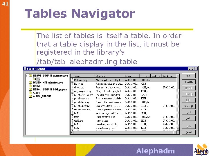 41 Tables Navigator The list of tables is itself a table. In order that