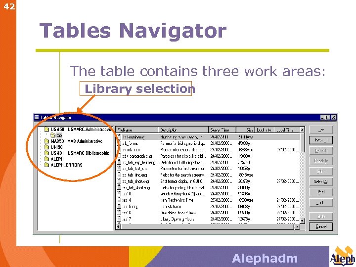42 Tables Navigator The table contains three work areas: Library selection Alephadm 