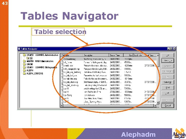 43 Tables Navigator Table selection Alephadm 