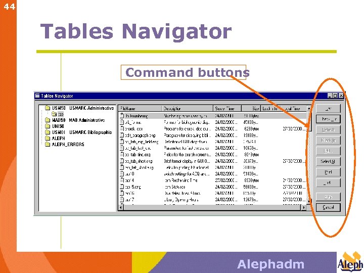44 Tables Navigator Command buttons Alephadm 