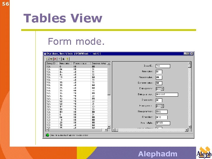 56 Tables View Form mode. Alephadm 