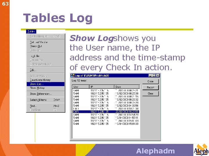 63 Tables Log Show Logshows you the User name, the IP address and the