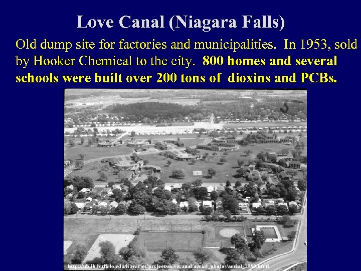 Love Canal (Niagara Falls) Old dump site for factories and municipalities. In 1953, sold