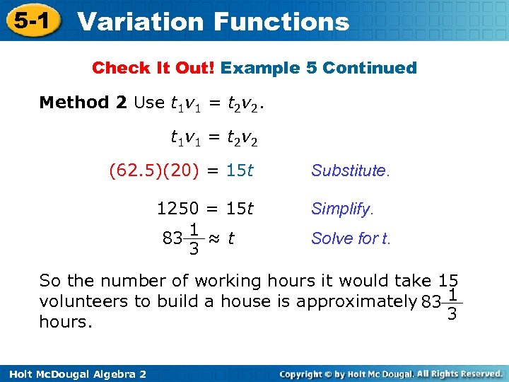 5 -1 Variation Functions Check It Out! Example 5 Continued Method 2 Use t