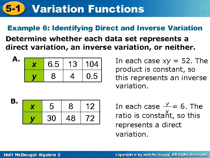 5 -1 Variation Functions Example 6: Identifying Direct and Inverse Variation Determine whether each