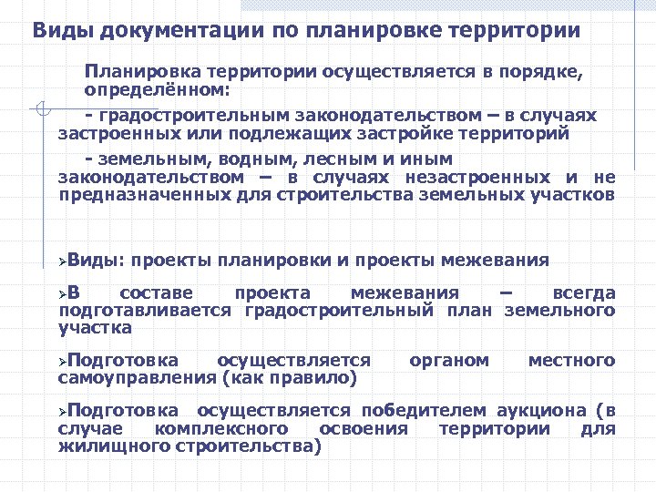 Виды документации по планировке территории Планировка территории осуществляется в порядке, определённом: - градостроительным законодательством