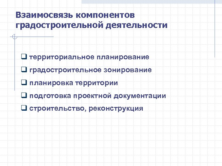 Взаимосвязь компонентов градостроительной деятельности q территориальное планирование q градостроительное зонирование q планировка территории q