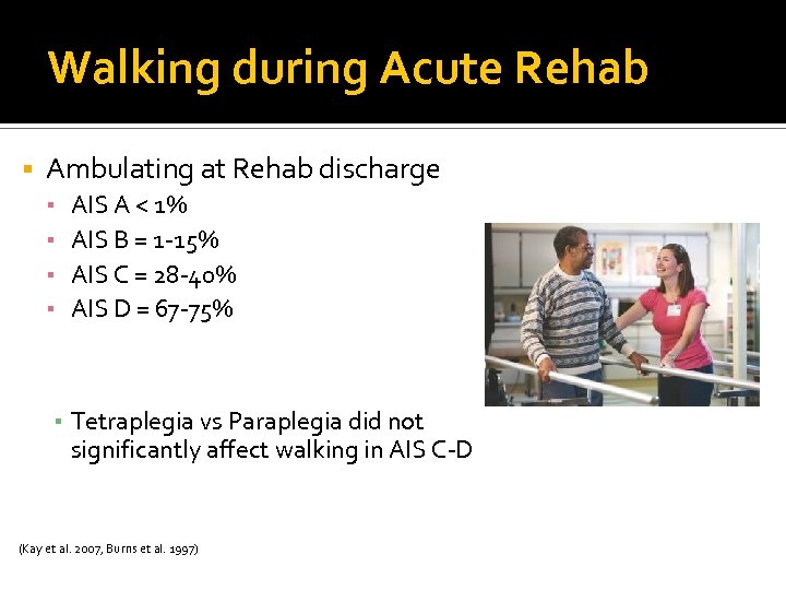 Walking during Acute Rehab Ambulating at Rehab discharge ▪ ▪ AIS A < 1%