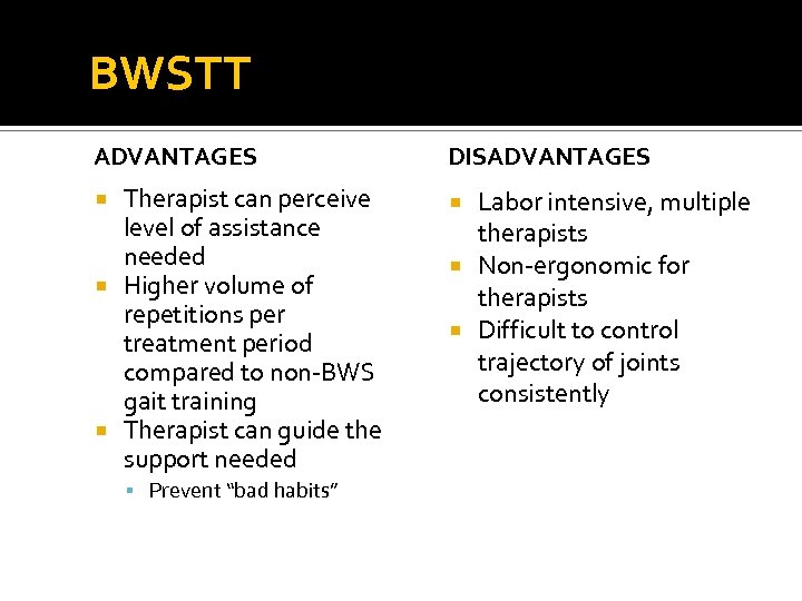 BWSTT ADVANTAGES DISADVANTAGES Therapist can perceive level of assistance needed Higher volume of repetitions