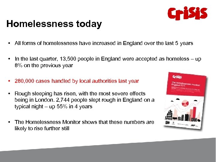 Homelessness today • All forms of homelessness have increased in England over the last