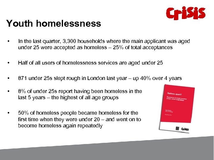 Youth homelessness • In the last quarter, 3, 300 households where the main applicant