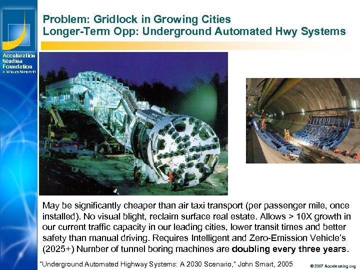 Problem: Gridlock in Growing Cities Longer-Term Opp: Underground Automated Hwy Systems Acceleration Studies Foundation