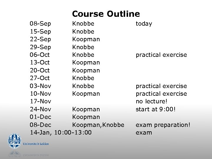 Course Outline 08 -Sep Knobbe 15 -Sep Knobbe 22 -Sep Koopman 29 -Sep Knobbe