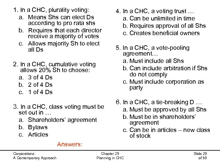 1. In a CHC, plurality voting: a. Means Shs can elect Ds according to