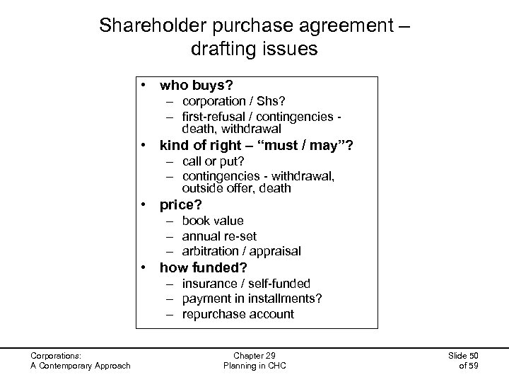 Shareholder purchase agreement – drafting issues • who buys? – corporation / Shs? –