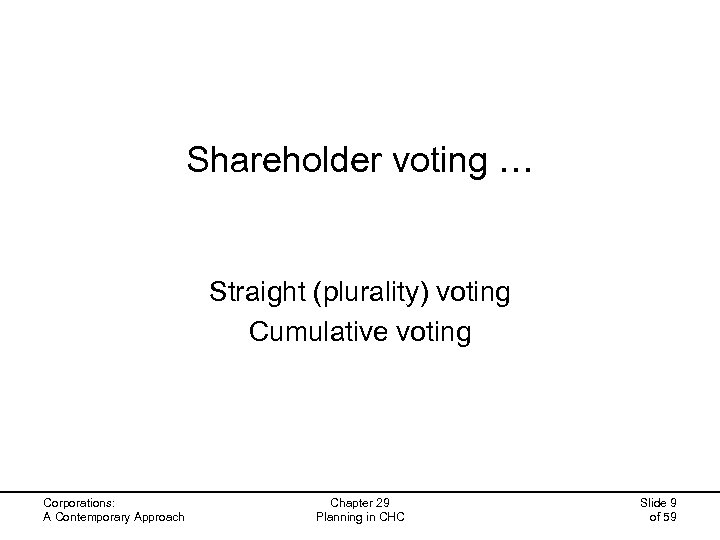 Shareholder voting … Straight (plurality) voting Cumulative voting Corporations: A Contemporary Approach Chapter 29