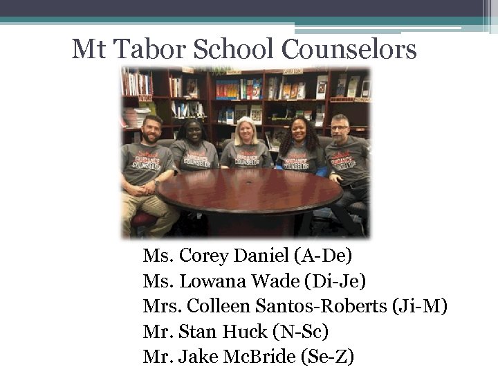 Mt Tabor School Counselors Ms. Corey Daniel (A-De) Ms. Lowana Wade (Di-Je) Mrs. Colleen