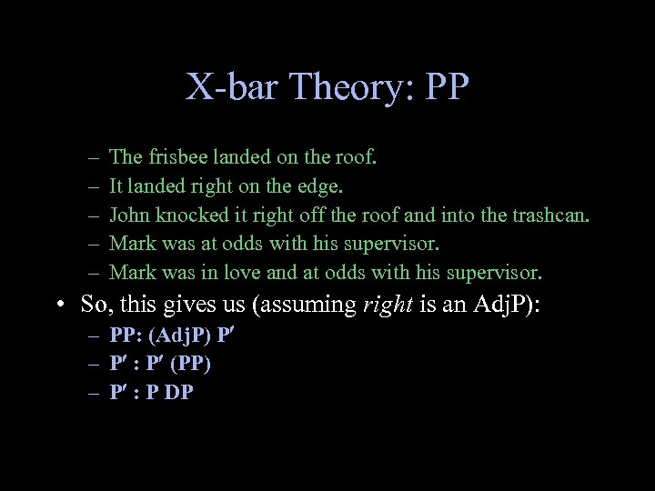 X-bar Theory: PP – – – The frisbee landed on the roof. It landed