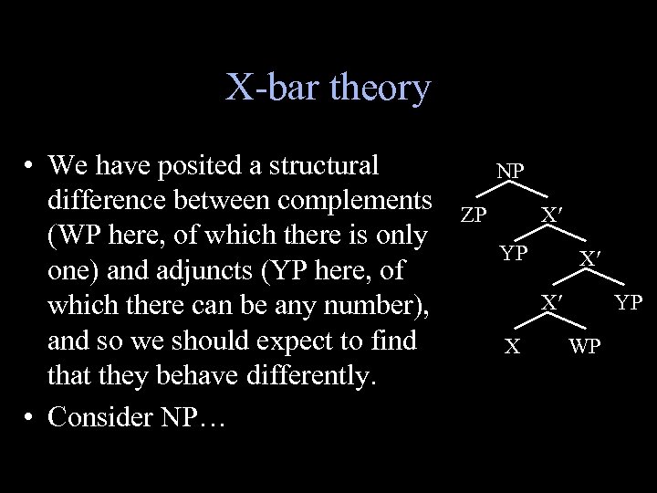 X-bar theory • We have posited a structural difference between complements (WP here, of