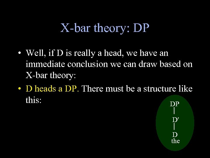 X-bar theory: DP • Well, if D is really a head, we have an