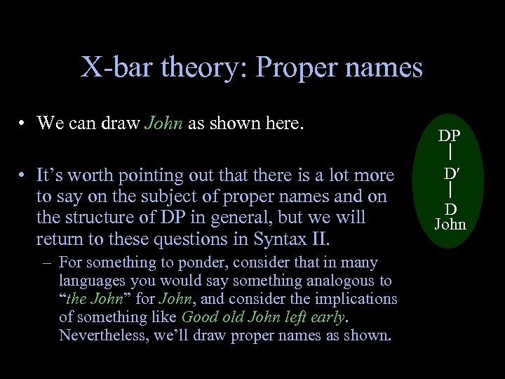 X-bar theory: Proper names • We can draw John as shown here. • It’s