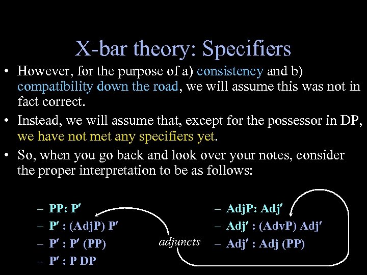 X-bar theory: Specifiers • However, for the purpose of a) consistency and b) compatibility