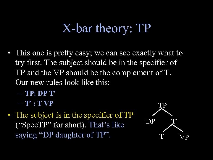 X-bar theory: TP • This one is pretty easy; we can see exactly what