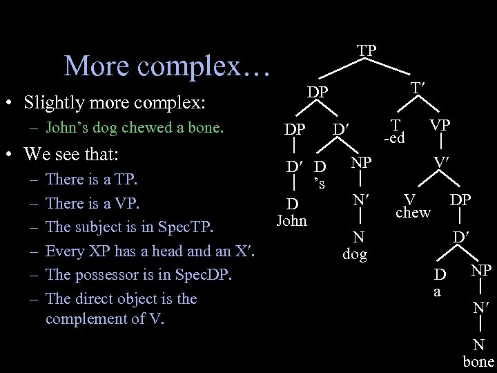 TP More complex… • Slightly more complex: – John’s dog chewed a bone. •