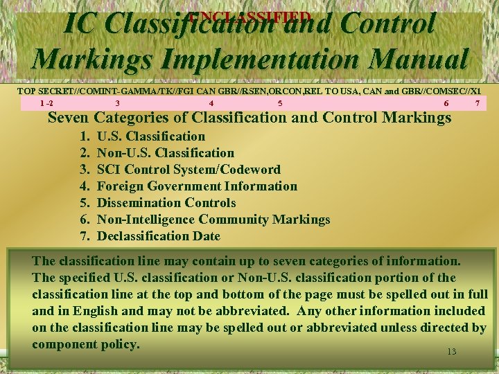 UNCLASSIFIED IC Classification and Control Markings Implementation Manual TOP SECRET//COMINT-GAMMA/TK//FGI CAN GBR//RSEN, ORCON, REL