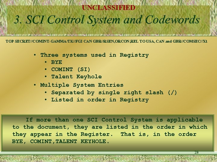 UNCLASSIFIED 3. SCI Control System and Codewords TOP SECRET//COMINT-GAMMA/TK//FGI CAN GBR//RSEN, ORCON, REL TO