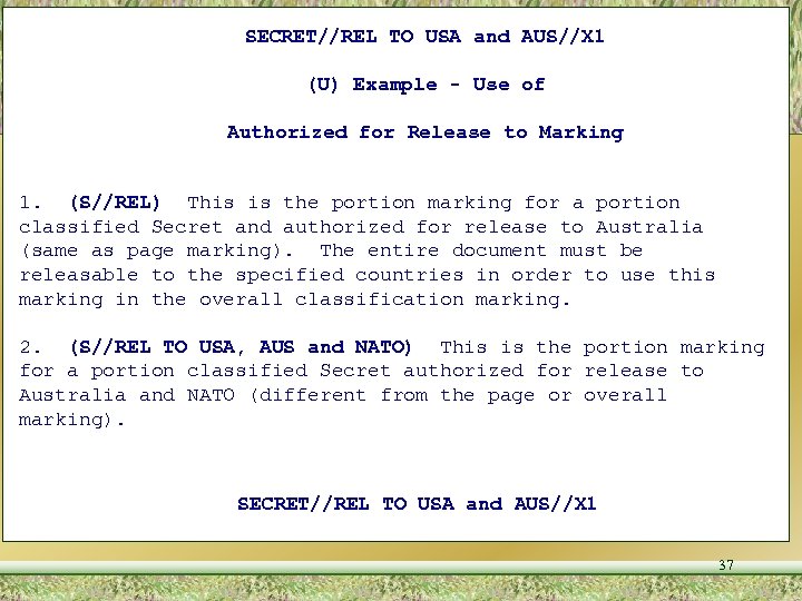 UNCLASSIFIED SECRET//REL TO USA and AUS//X 1 (U) Example - Use of Authorized for