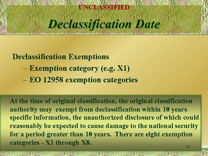 UNCLASSIFIED Declassification Date Declassification Exemptions – Exemption category (e. g. X 1) – EO