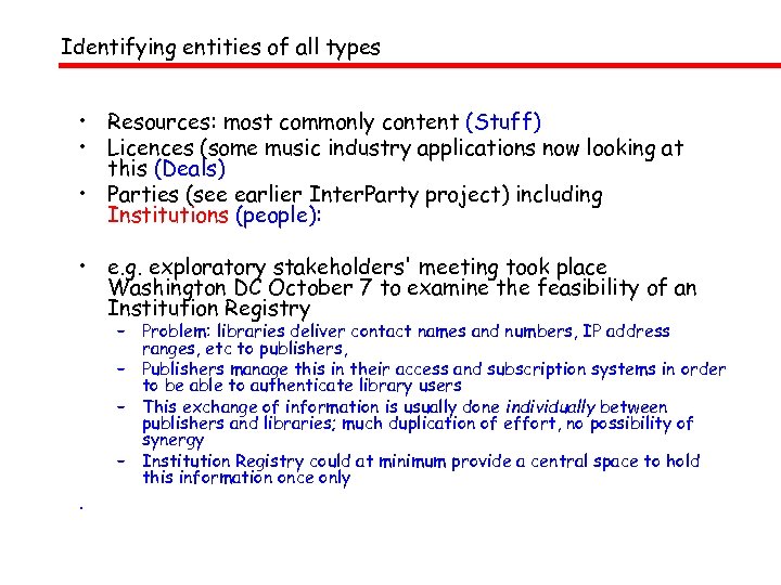 Identifying entities of all types • Resources: most commonly content (Stuff) • Licences (some