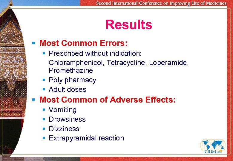 Results § Most Common Errors: § Prescribed without indication: Chloramphenicol, Tetracycline, Loperamide, Promethazine §