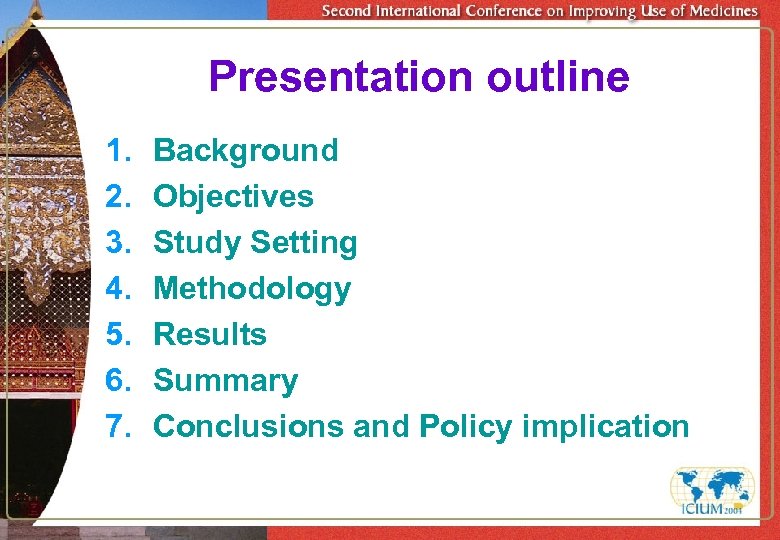 Presentation outline 1. 2. 3. 4. 5. 6. 7. Background Objectives Study Setting Methodology