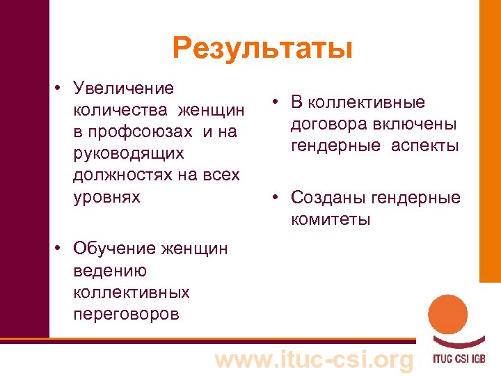 Результаты • Увеличение количества женщин в профсоюзах и на руководящих должностях на всех уровнях