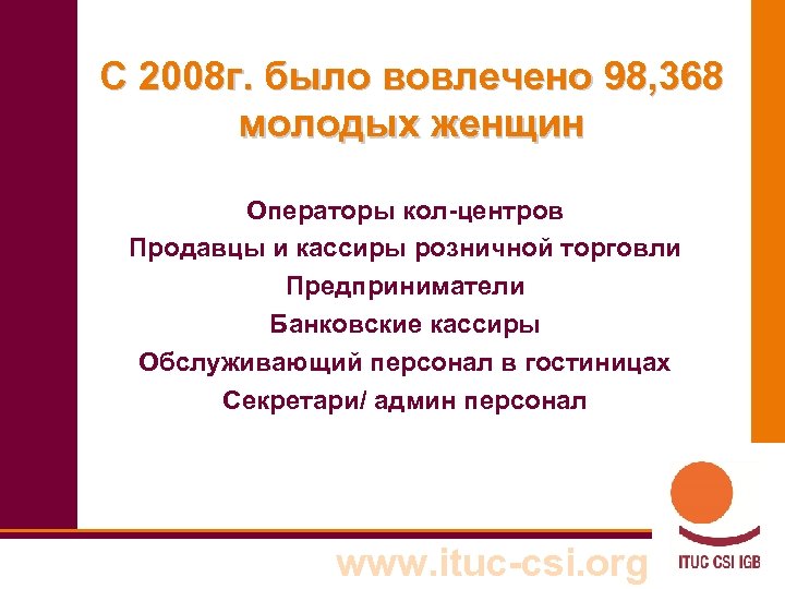 С 2008 г. было вовлечено 98, 368 молодых женщин Операторы кол-центров Продавцы и кассиры